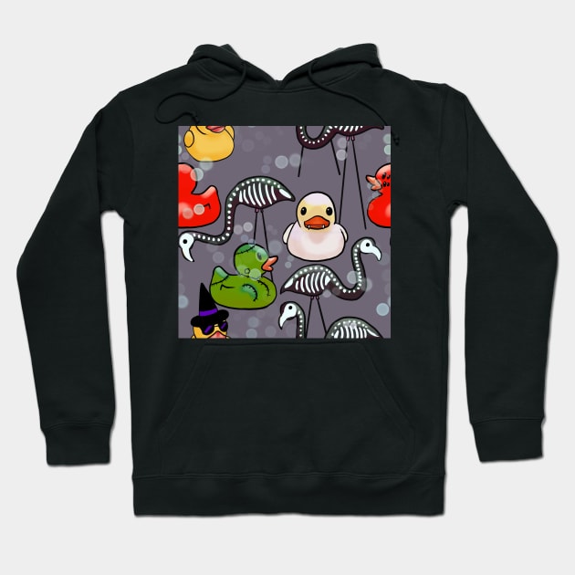 Spooky Halloween Rubber Ducks and Pink Flamingo Skeletons Gray Hoodie by JamieWetzel